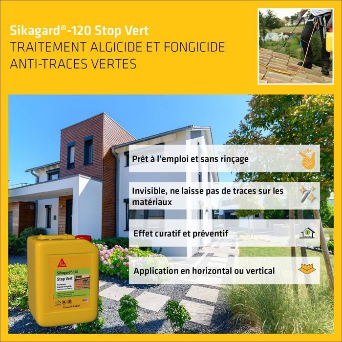 Traitement algicide et fongicide - Nettoyant désincrustant - Sikagard 120 Stop Vert - Prêt à l'emploi - Elimine algues - 5L