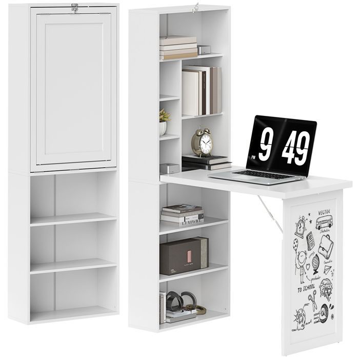 Escritorio con almacenamiento - HOMCOM - plegable - librería, estación de trabajo, pizarra blanca, estante ajustable - MDF - 98x51x153cm - blanco