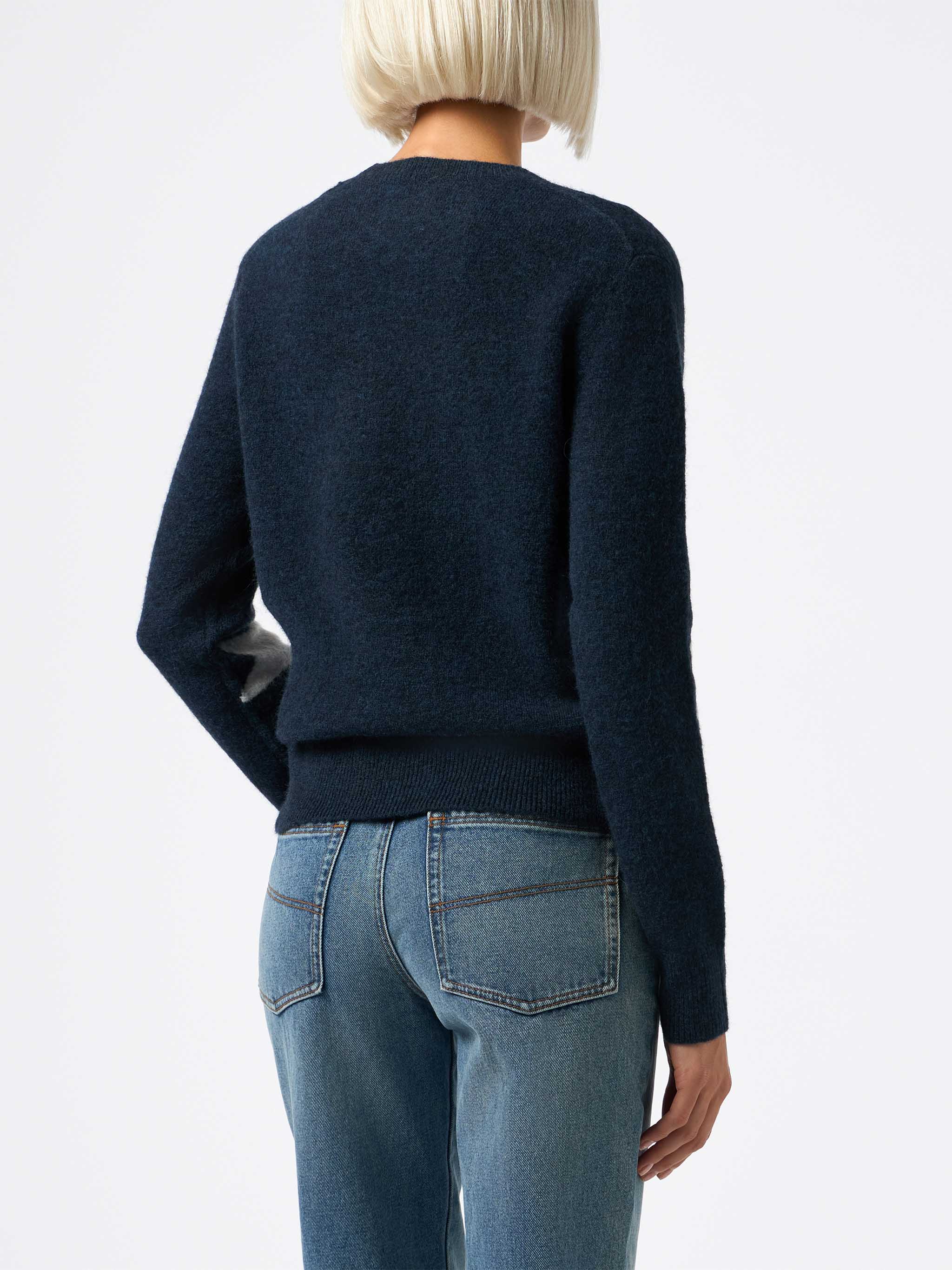 Maglione da donna blu New Queen con ricamo La notte vola e stampa stel