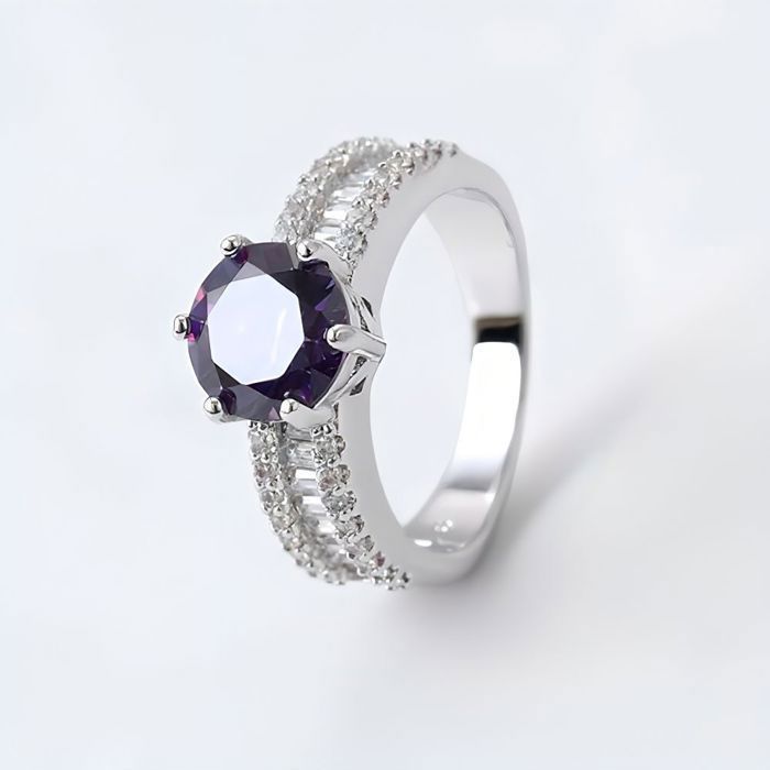 Anello da donna con ametista, cristallo bianco, argento sterling 925, placcato rodio, taglie dalla 52 alla 60.