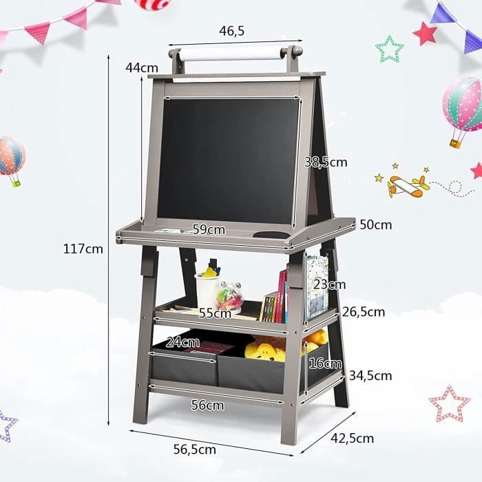 Cavalete magnético infantil GOPLUS preto/branco 59x50x117cm, cavalete dupla face com rolo de papel e caixas de armazenamento, cinza