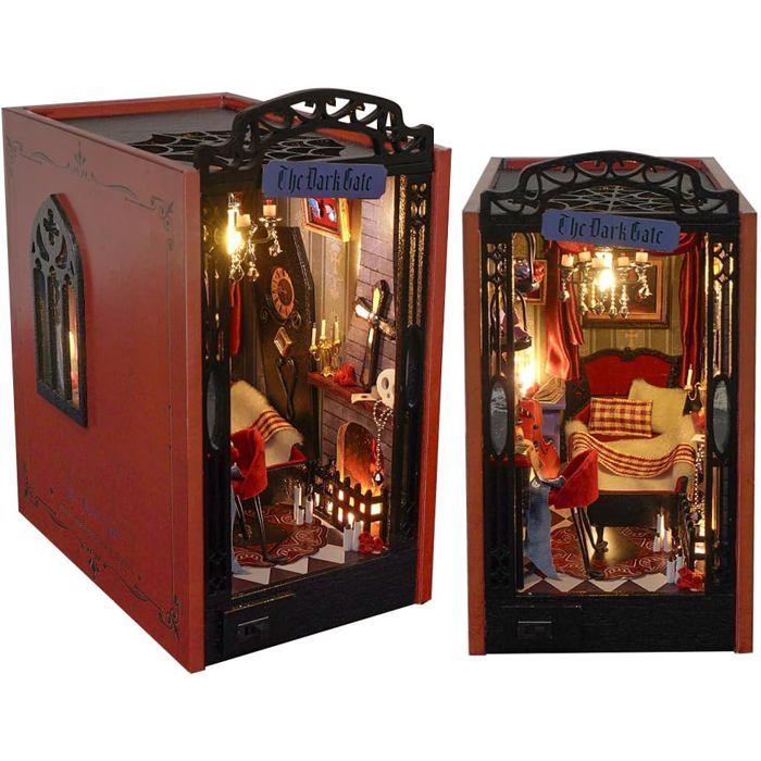 Book Nook, 3D Wooden Puzzle Bookend Kit with LED Light, DIY Dollhouse, Miniature Kit for