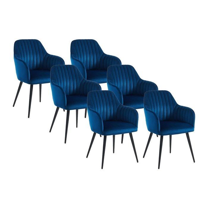 Lot de 6 chaises avec accoudoirs en velours et métal noir - Bleu - ELEANA