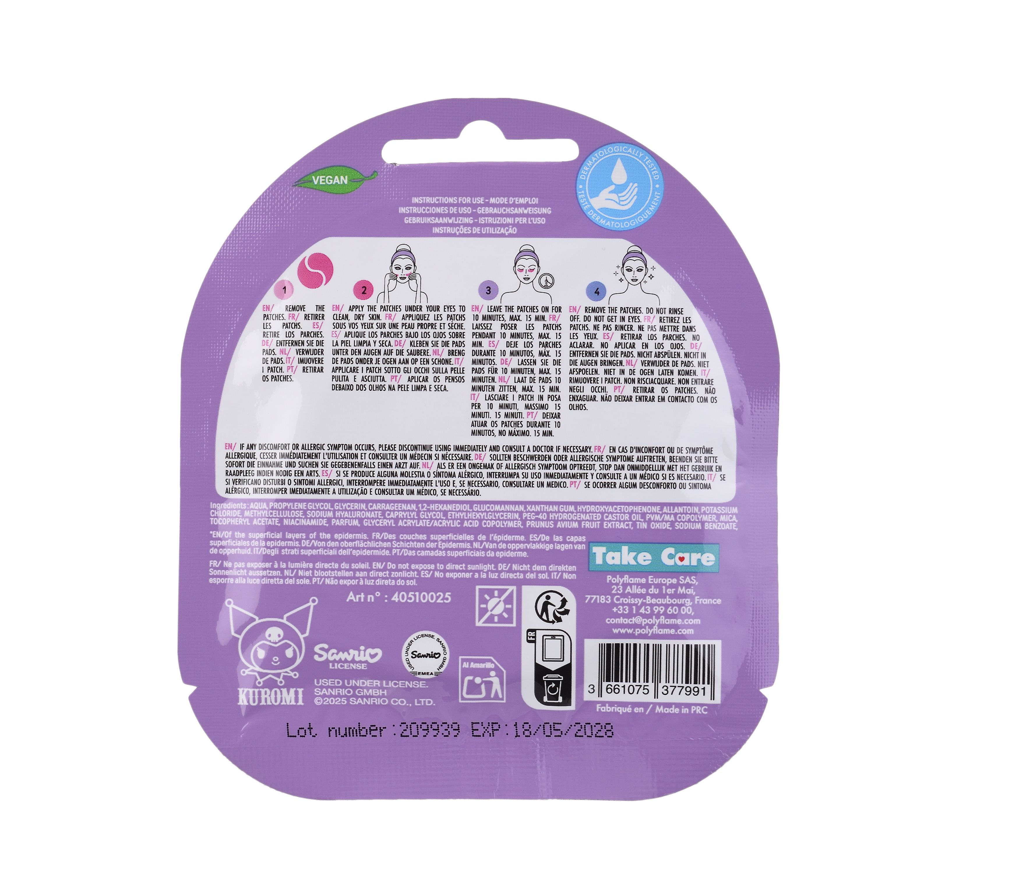 Hydratačné hydrogélové očné náplasti Hello Kitty Kuromi Náplasti na očné okolie