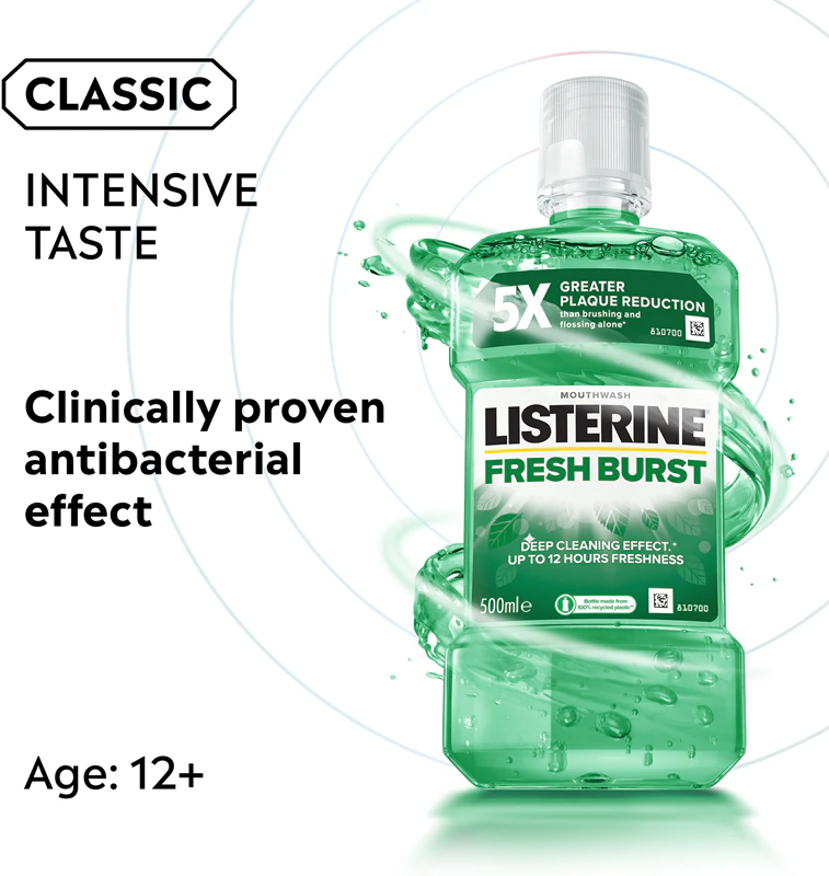 Enxaguante bucal Listerine Fresh Burst para redução da placa bacteriana