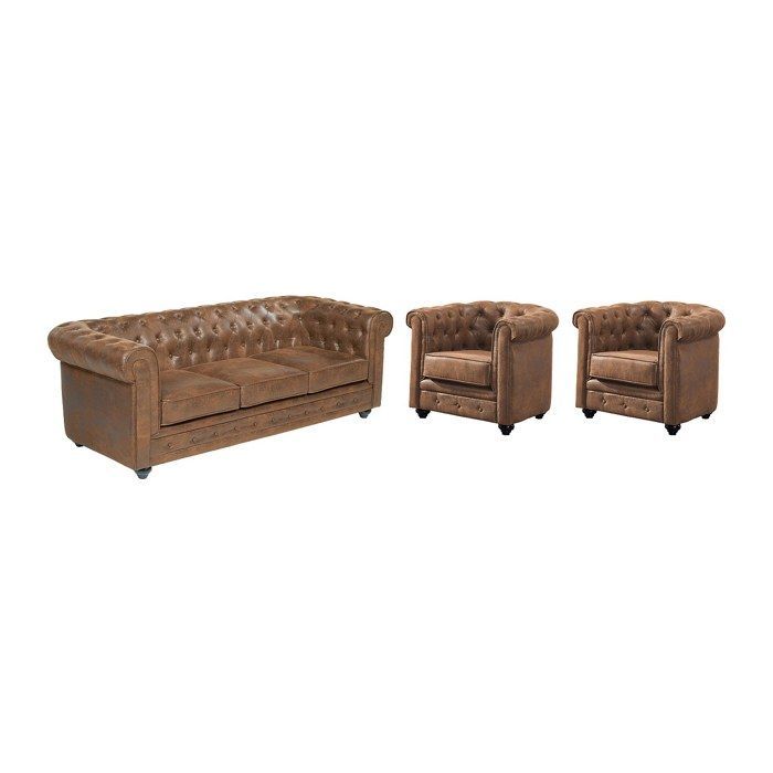 Sofá de 3 lugares e 2 poltronas CHESTERFIELD em microfibra com aparência de couro envelhecido.