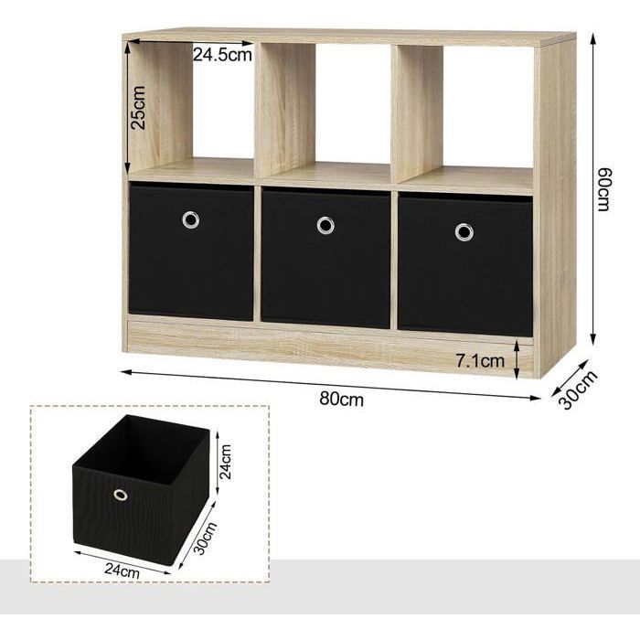 Librería WOLTU, mueble de almacenamiento, estante con 6 compartimentos, armario cúbico, 3 cajones de tela, 80x30x60cm, roble claro W0ATT0295