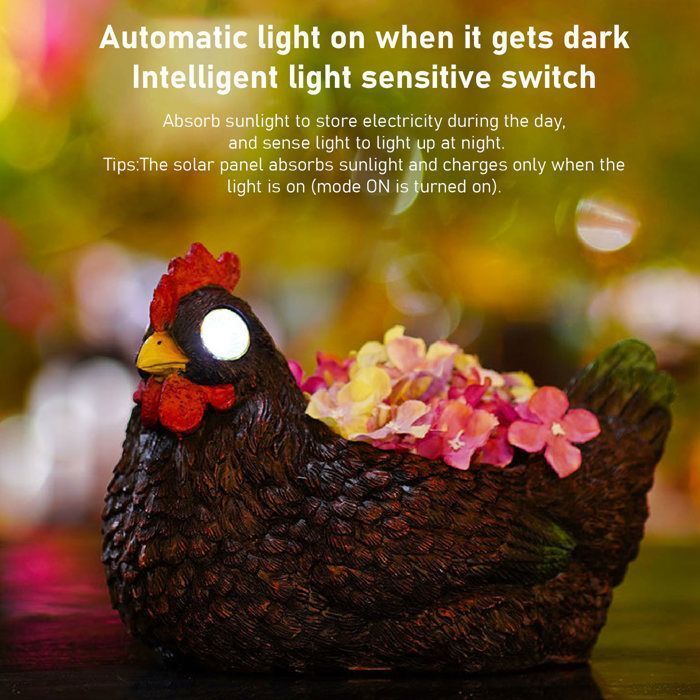 maceta con forma de gallina, de resina, con luz solar integrada, ideal para decoración de jardín, exterior e interior.
