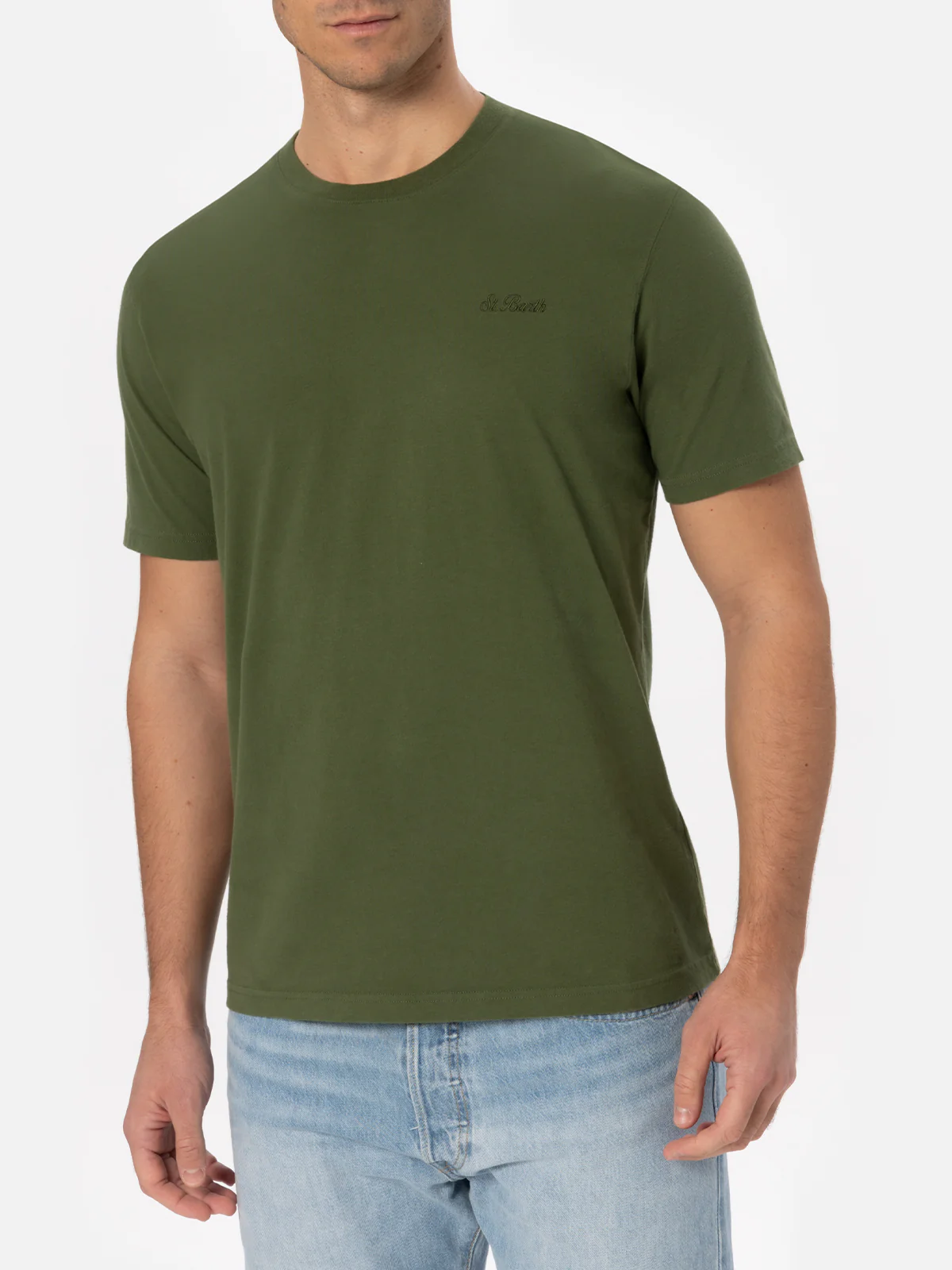 Camiseta Arnott para hombre color verde militar con bordado de San Bartolomé