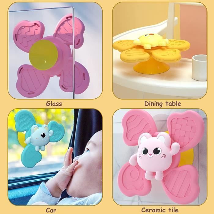 Juego de 3 juguetes con ventosa para bebés, juguete para bebés de 1 año, giratorio, juguete de baño, juguetes sensoriales, regalo para niños pequeños (rosa, YYV)