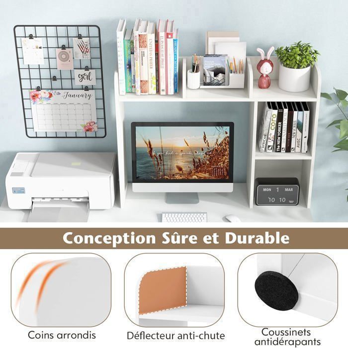COSTWAY Étagère Bibliothèque à 3 Niveaux 94x25x74 CM, Organisateur Rangement de Bureau avec 2 Dispositifs Anti-renversement Blanc