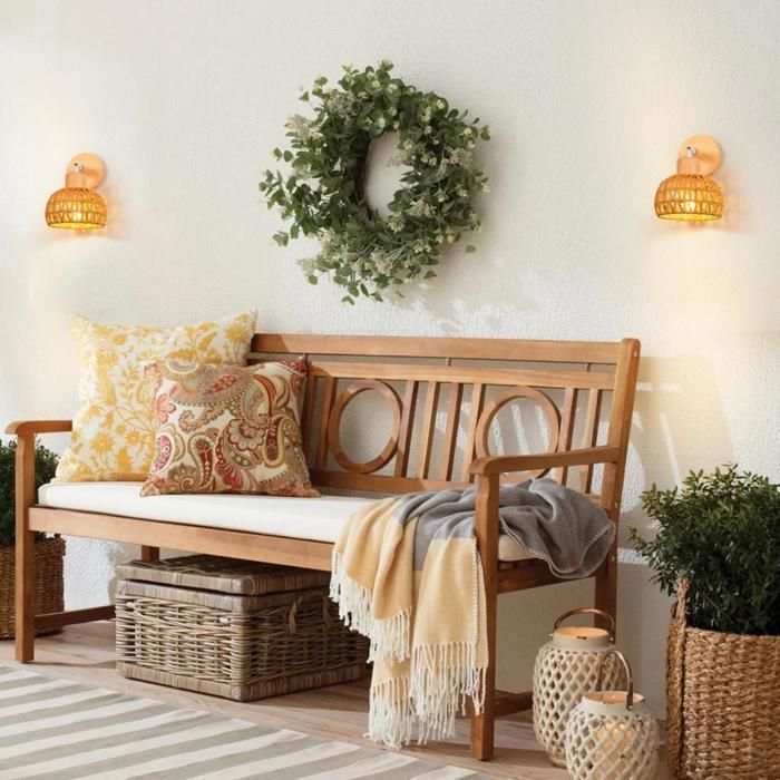 IDEGU 2-delige retro wandlamp voor binnen, verstelbare rotan en houten wandlamp, plafondlamp, stijl D, bruin rotan, Ø15cm