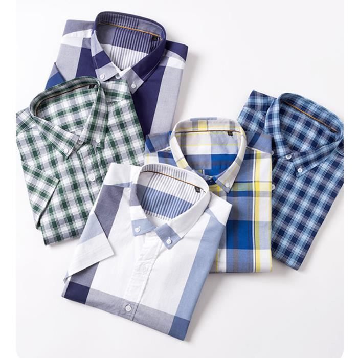 Camisa de manga corta a cuadros para hombre en algodón cómodo - Azul marino