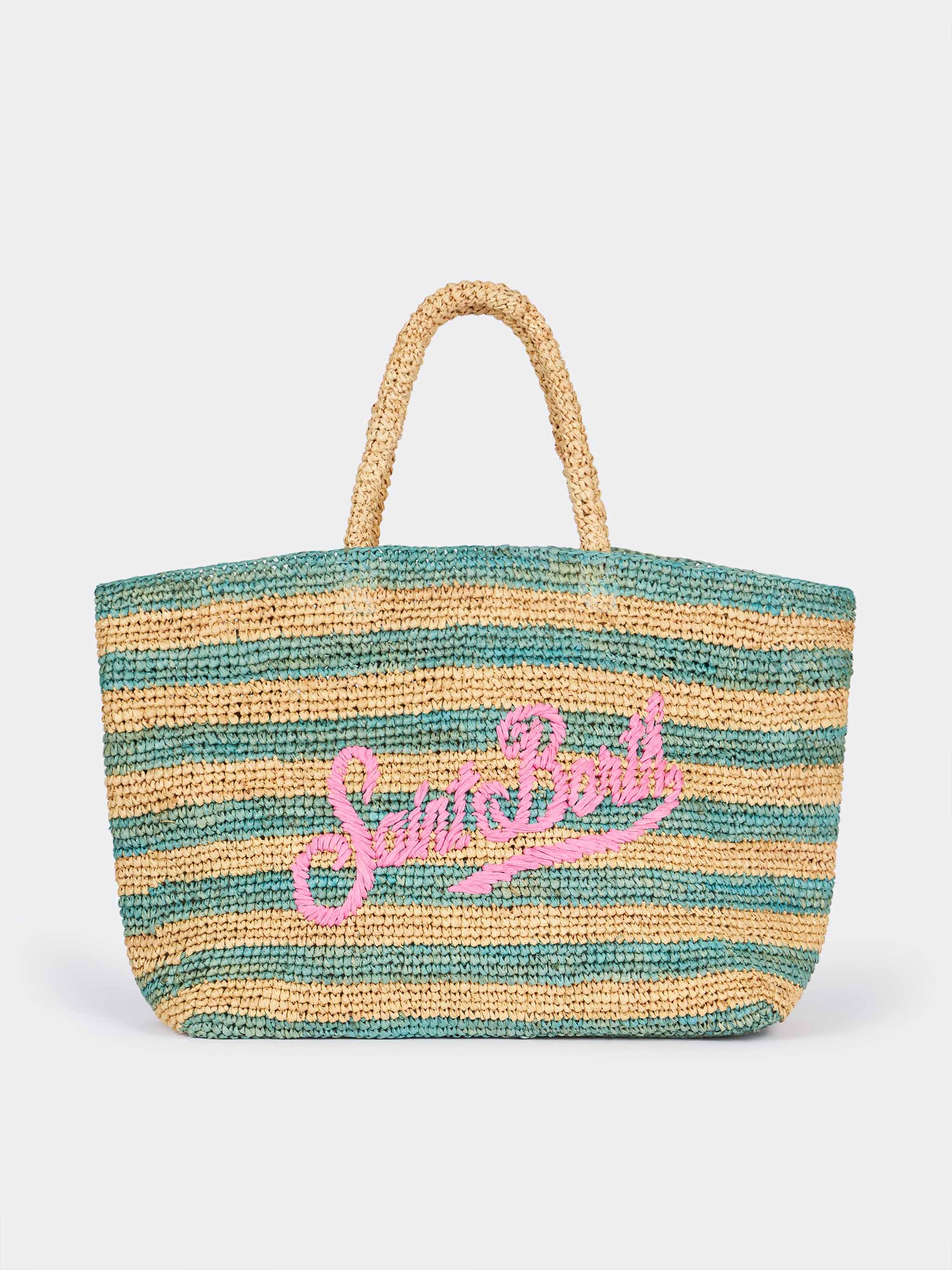 Raffia strandtas met turquoise gestreepte print en geborduurd Saint Barth-logo - Afneembaar katoenen etui | MC2 Saint Barth