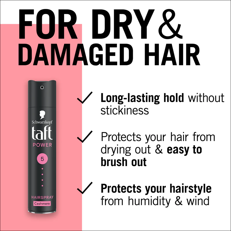 Spray de fixação forte Schwarzkopf Taft Power Cashmere para cabelos secos e danificados.