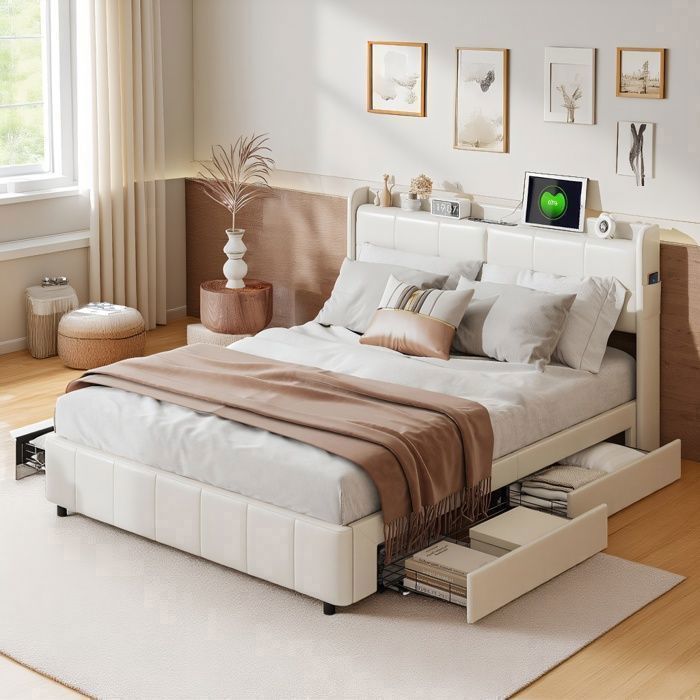 Conjunto completo de quarto adulto, base de cama 160x200 cm, cama de casal, cama com arrumação 160x200 cm, cama, porta USB, 4 gavetas, arrumação, estofado, PU, branco