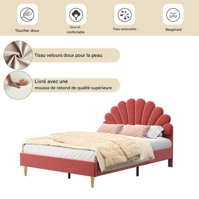 Cama POCKETPOP de 140x190cm en terciopelo burdeos - Estructura de madera y metal, base de láminas, cabecero con forma de pétalo, doble