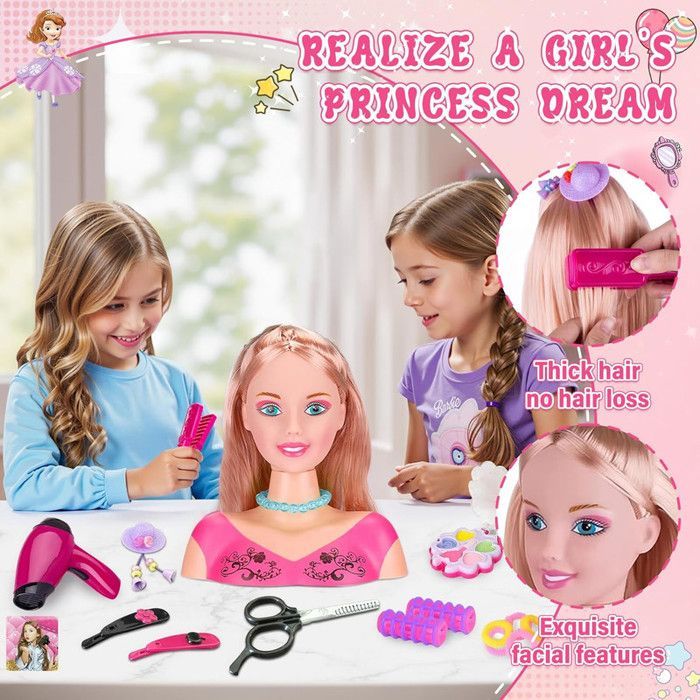 Tête À Coiffer Fille 35Pcs Jouet De Coiffure Maquillage Enfant Demi-Poupée Avec Accessoires Cadeau Anniversaire Noël