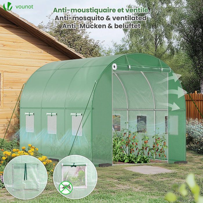 Invernadero tipo túnel VOUNOT - 6 m² Verde - Acero galvanizado - Ventana con mosquitera, puerta enrollable, barra de protección contra tormentas