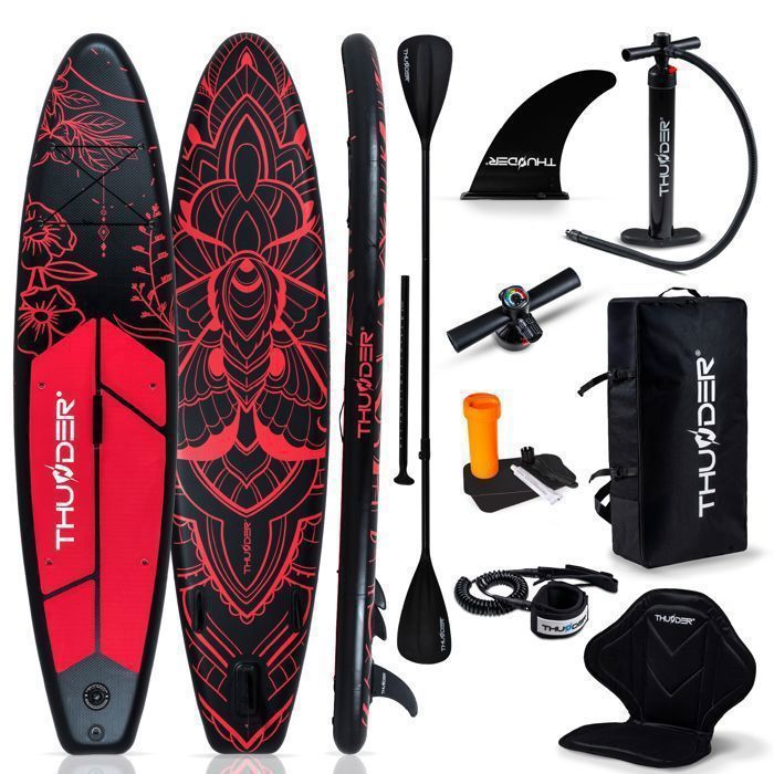 Tabla de paddle surf hinchable THUNDER® para travesías | Accesorios completos | 320 cm | PVC | Estilo MOTH | Negro y rojo