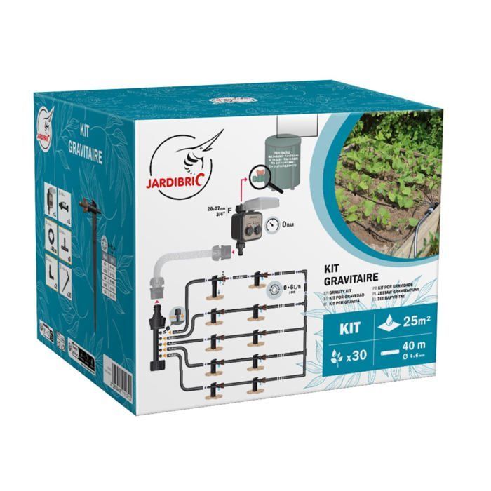 Kit de irrigação por gotejamento - cobertura de 25m² - temporizador sem pressão - 40m de microtubo Ø6mm