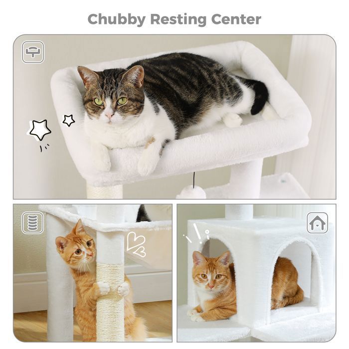 PAWZ Road Arbre à chat Design Spacieux Grande Hamac Dur Stable Avec hamac et belle maison pour chat - Blanc - 143 cm