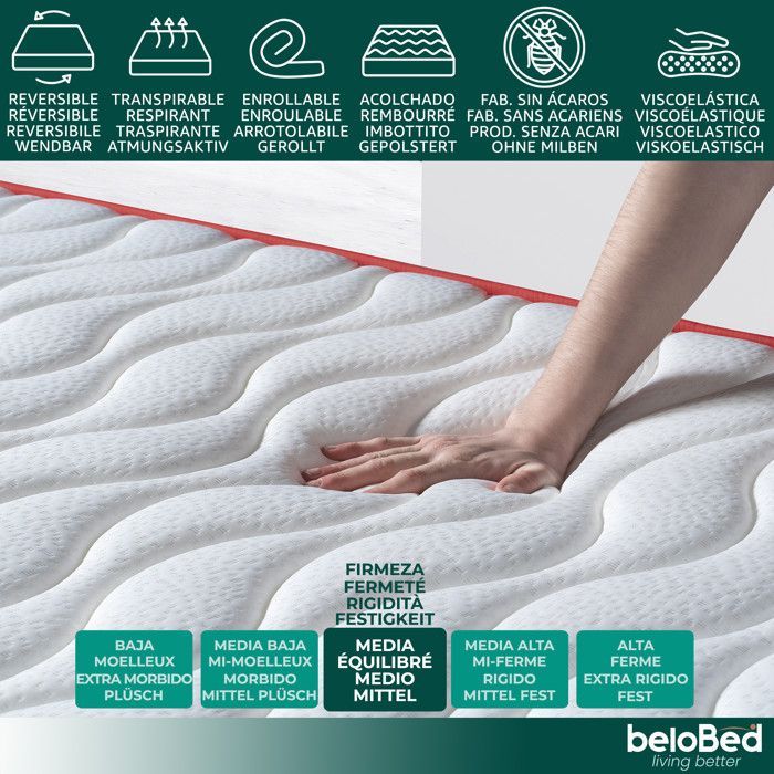 beloBed ComfortFusion - Matelas 180x200 cm,epaisseur 18 cm,avec mousse à mémoire de forme,fermeté moyenne,Noyau en mousse HR