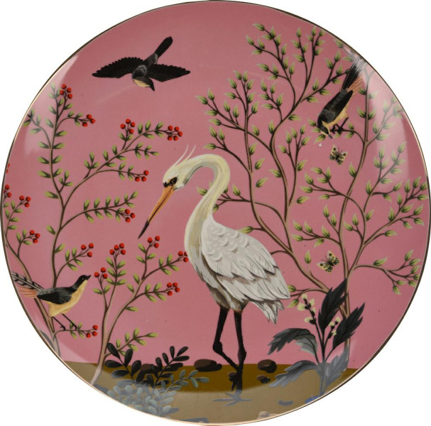 Porcelanowy talerz obiadowy różowy 26cm motyw z ptakami
