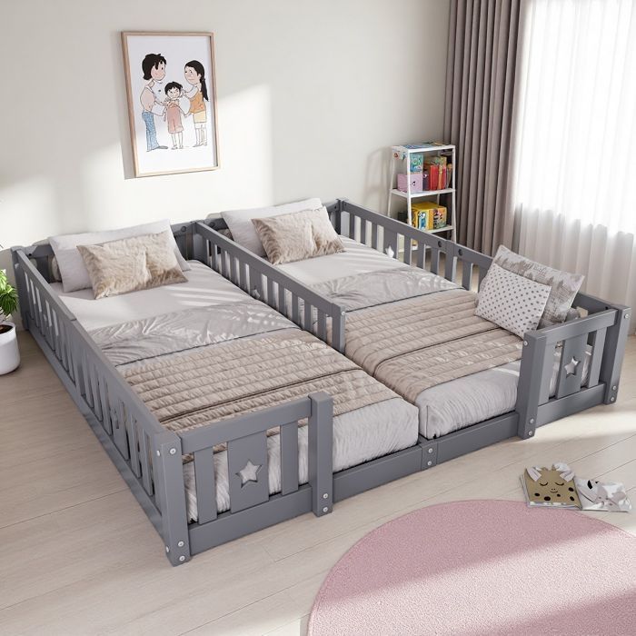 Cama infantil, cama baja de 90 x 200 cm, estilo Montessori, madera maciza de pino, capacidad para 2 niños, protección anticaída sin colchón, color gris.