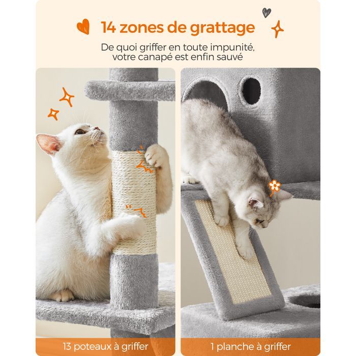 Árbol rascador para gatos, 203,5 cm de altura, con 13 postes rascadores, 2 plataformas, 2 cuevas, árbol rascador multinivel para interiores, gris claro.