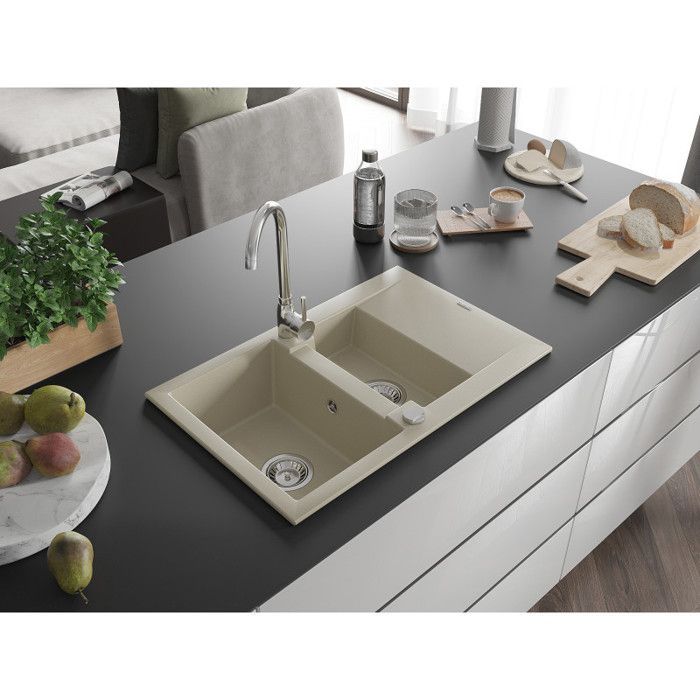 Mexen Gaspar 1,5-Becken-Granitspüle mit kurzer Abtropffläche, 737 x 475 mm, Beige - 6507731505-69