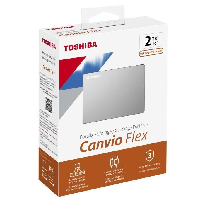 Disco rígido externo - TOSHIBA - Canvio Flex - 2 TB - USB 3.2 / USB-C - 2,5
