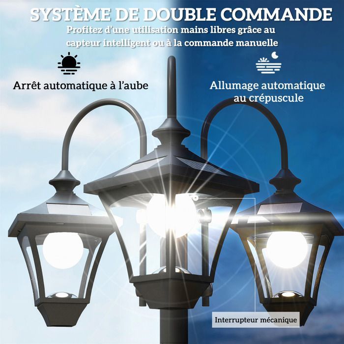 Lampadaire extérieur - Outsunny - 3 têtes LED, avec bac à fleurs, étanche, hauteur réglable - acier abs - 52x52x185cm - noir