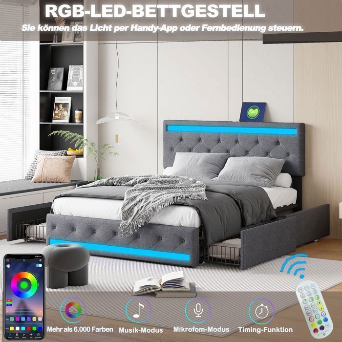 Letto imbottito 180x200 cm, letto matrimoniale con 4 cassetti contenitore, letto per adulti con porta USB e illuminazione a LED, biancheria da letto inclusa, materasso non incluso.