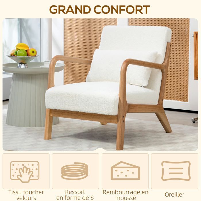 Fauteuil de salon HOMCOM avec cadre en bois massif fauteuil lounge - assise profonde - accoudoirs - aspect velours crème