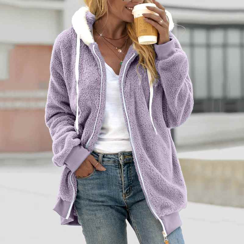 Women Autumn Winter Zipper Plush Fleece Coat Jackets Fashion Hooded Zipper Jackets Casual Faux Fur Warm Ladies Outwear Plus Size