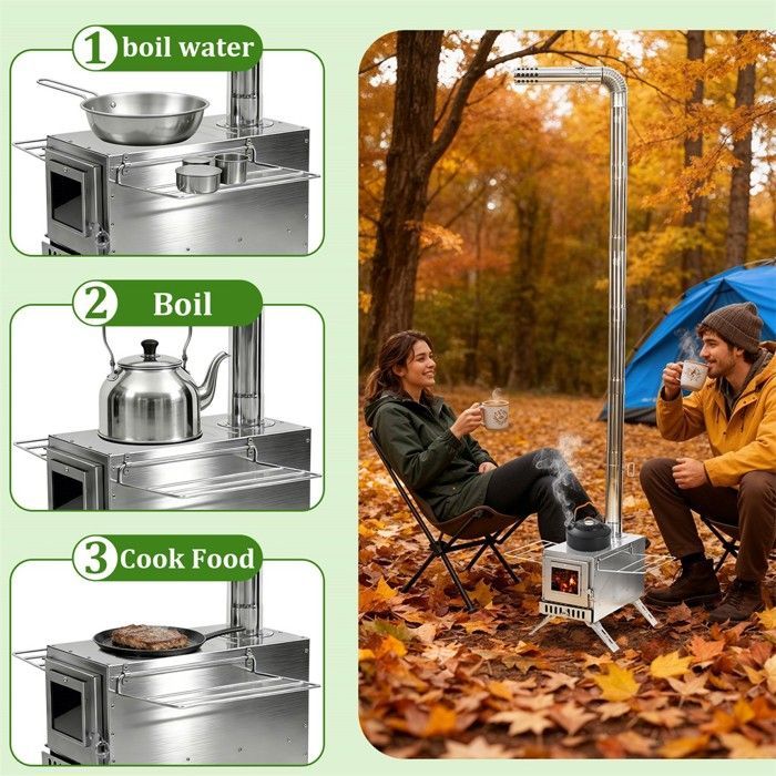 Poêle à Bois Portable - Poêle à Bois Pliable en Acier Inoxydable - Complet avec 7 Tuyaux et 1 Coude - 32.5x33.5x210cm