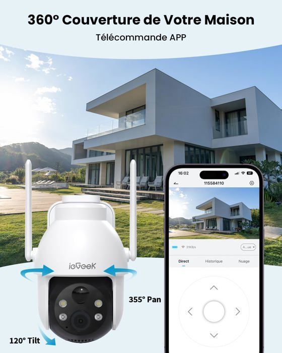 Juego de 2 cámaras de seguridad solares WiFi - Cámara inalámbrica exterior 2K con PTZ de 360°, visión nocturna a color, sensor PIR y audio bidireccional.