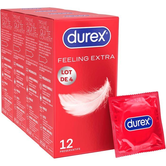 Durex - Lot de 48 Préservatifs Feeling Extra - Fins & Extra Lubrifiés - 4x12 pièces