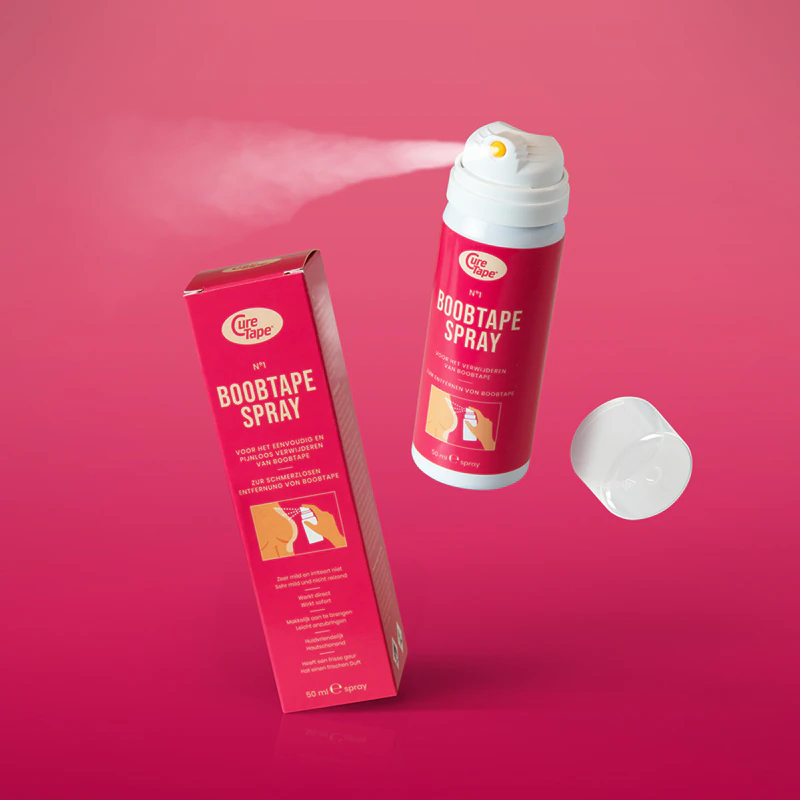 spray removedor de fita adesiva para seios CureTape® é uma preparação em spray que facilita a remoção das fitas.
