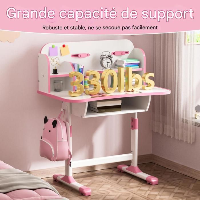 Escritorio infantil con silla, 101 cm de largo x 76 cm de ancho x 49 cm de alto, rosa, PP, edades de 3 a 18 años, altura regulable.