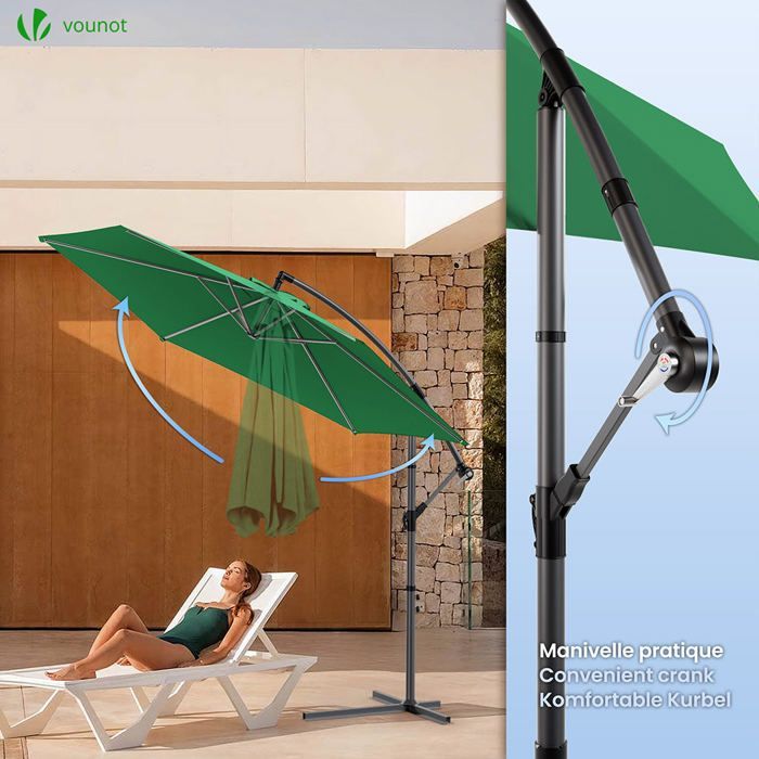 Sombrilla voladiza VOUNOT® 3M verde - Rotación de 360° - Inclinación ajustable - Manivela anti-retroceso - Funda protectora