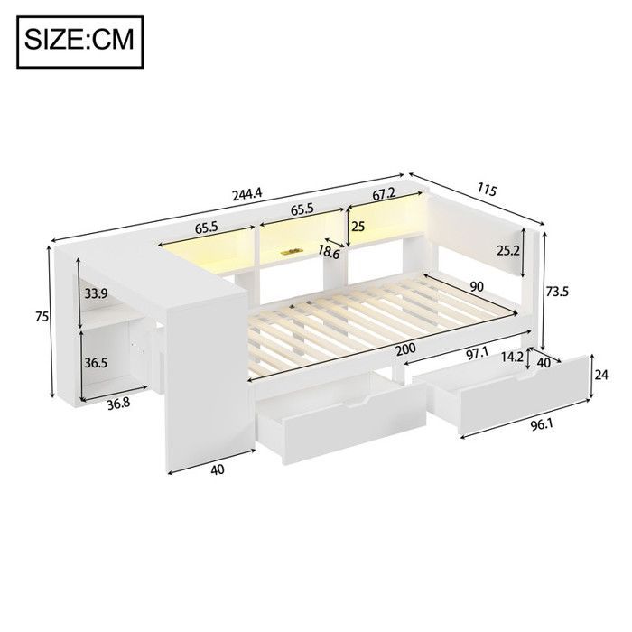 Letto combinato per bambini 90x200 cm - con 2 cassetti e stazione di ricarica - con luci LED colorate - bianco