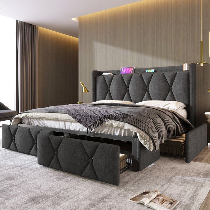 Double bed - Grey - 140x200cm - 4 drawers - USB charging ports - Slatted bed base
