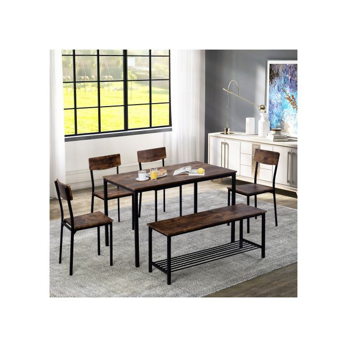 SogesHome TABLE A MANGER AVEC CHAISES Bois & Acier, Set 1 Table + 6 Sièges, 110x70x75 cm
