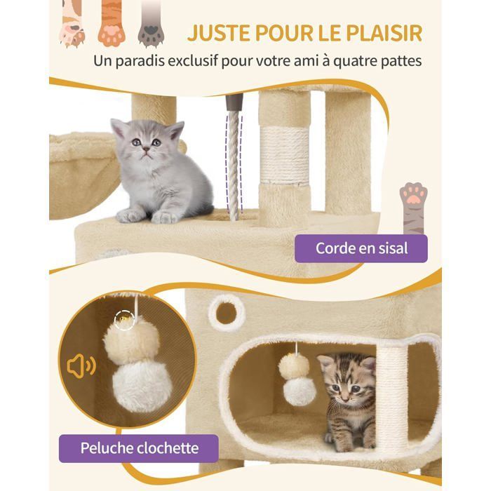 Arbre à Chat Hauteur 180 cm, avec 8 Griffoirs, 3 Plateformes, 2 Niches, Panier, Pompons, Convient Aux Chats de Toutes Tailles,Beige