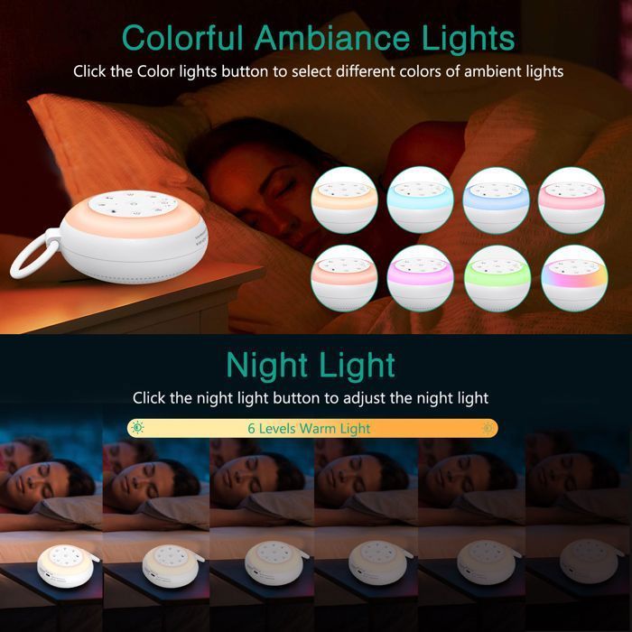 Night light with white noise machine, 24 sounds, 15 volume levels, timer, 8 colors, Bluetooth, recording