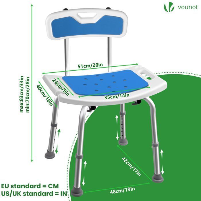 VOUNOT® Duschstuhl mit ergonomischer Rückenlehne – Höhenverstellbar – Rutschfeste Füße – Sitzfläche aus Aluminium und HDPE – Blau