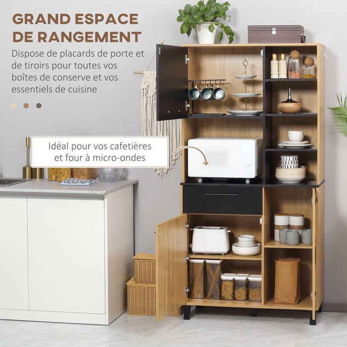 Aparador de cocina - HOMCOM - mueble multifuncional con 1 cajón, 3 armarios y 4 nichos para la gestión de cables - madera - altura 180 cm