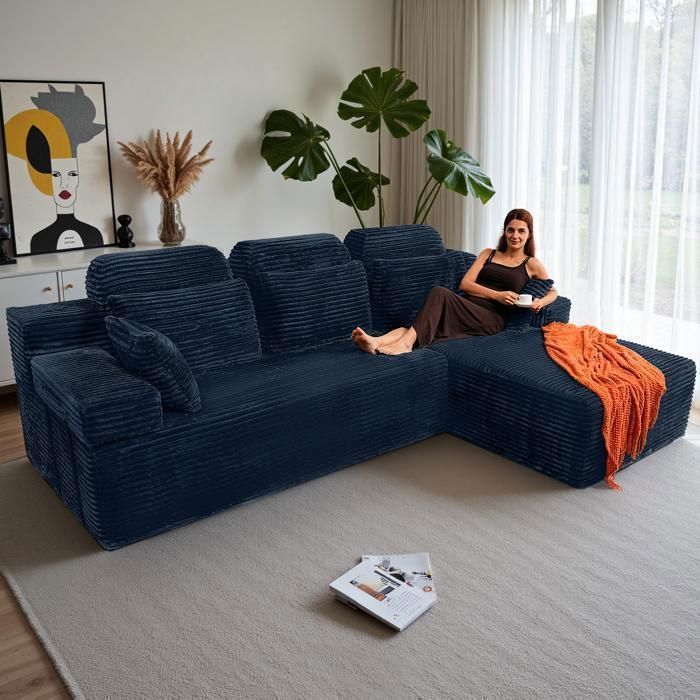 Sofá esquinero reversible con chaise longue, sofá modular de respaldo alto, sofá cama de asiento profundo, no requiere montaje, azul.
